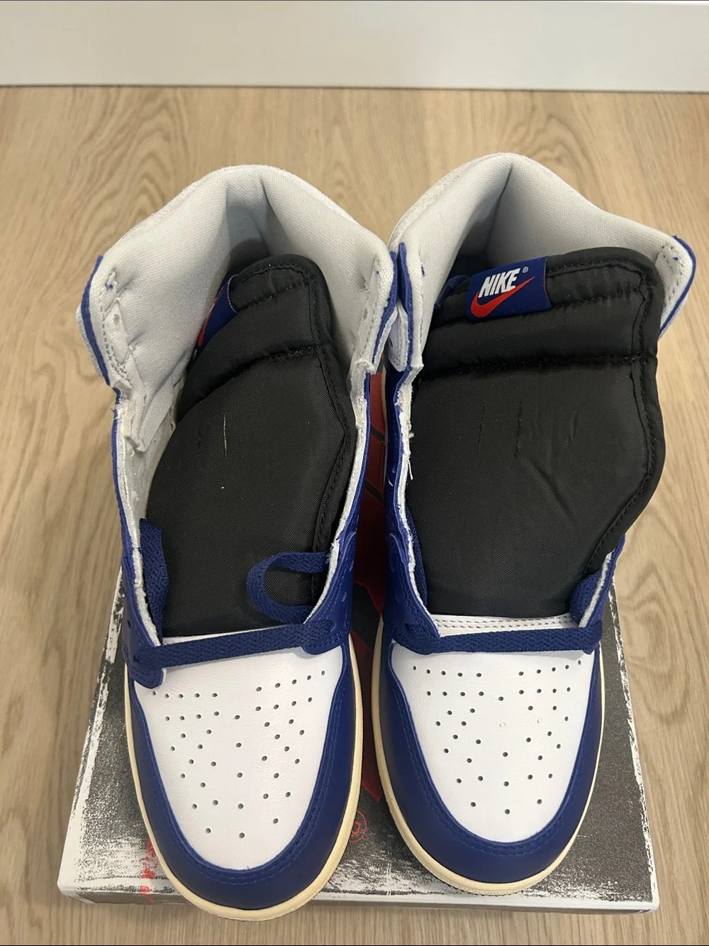 BTS Nike Rare Air Jordan 1 white/blue/red size 7Youth/8.5Women